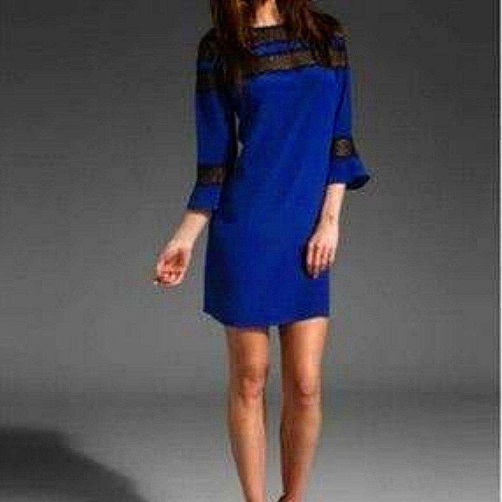 Royal Blue Silk Lace Trim 3/4 Slv Shift Dress NWOT Party Boho Gift Fall Spring